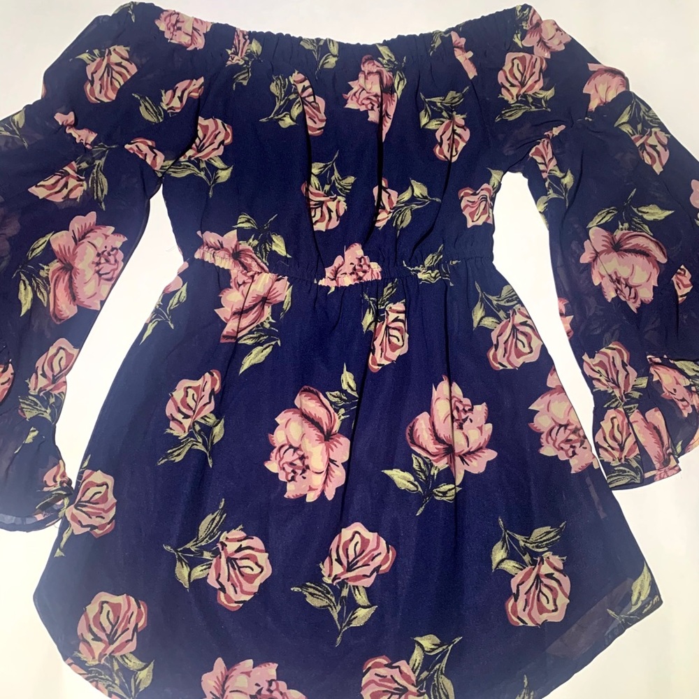 Navy blue floral shirt dress with bell sleeves